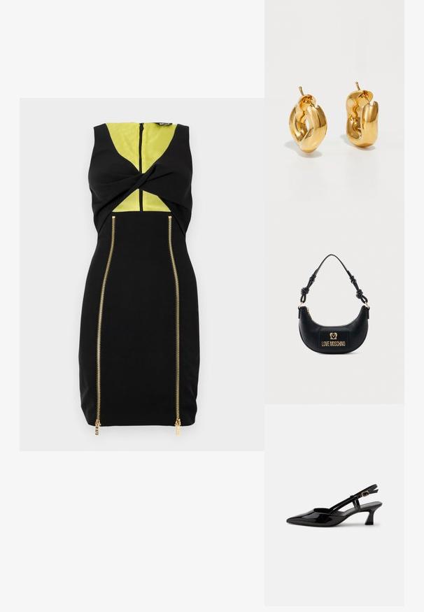 Vestido negro con un panel amarillo, detalle de torsión en el frente y cremalleras doradas a lo largo de los lados para añadir contraste al diseño.; Zapato slingback de charol negro con tacón bajo, punta puntiaguda y correa ajustable con hebilla dorada sobre fondo blanco.; Bolso negro en forma de media luna con asa anudada y placa frontal dorada con el logo "Love Moschino", cierre superior con cremallera.; Pendientes de aro grueso en oro con un diseño tubular ligeramente retorcido y cierre de presión, sobre un fondo blanco.