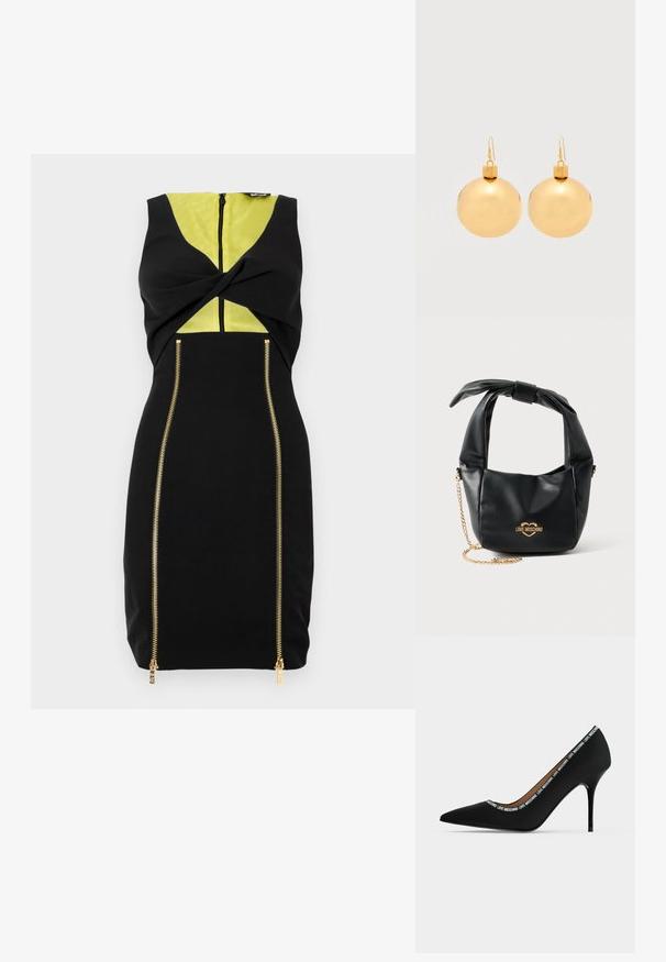 Vestido negro con un panel amarillo, detalle de torsión en el frente y cremalleras doradas a lo largo de los lados para añadir contraste al diseño.; Zapato de tacón alto puntiagudo negro con tacón de aguja y adorno de texto "LOVE MOSCHINO" a lo largo del borde de la abertura, vista lateral sobre fondo blanco.; Bolso Love Moschino de piel negra suave con asa anudada y correa de cadena dorada sobre fondo blanco.; Par de pendientes de bola navideña dorados brillantes con cierre de gancho sobre un fondo blanco liso.