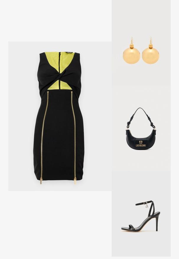 Zwarte jurk met een gele inzet, voorste twistdetail en gouden ritsen langs de zijkanten voor extra ontwerpcontrast.; Zwarte sandaal met hoge hak, smalle enkelband, vierkante neus, soepel leermateriaal en metalen gespsluiting.; Zwarte halfmaanvormige handtas met een geknoopt handvat en een gouden "Love Moschino" logoplaatje aan de voorkant, met ritssluiting aan de bovenkant.; Een paar glanzende gouden kerstbal-oorbellen met haaksluitingen op een effen witte achtergrond.