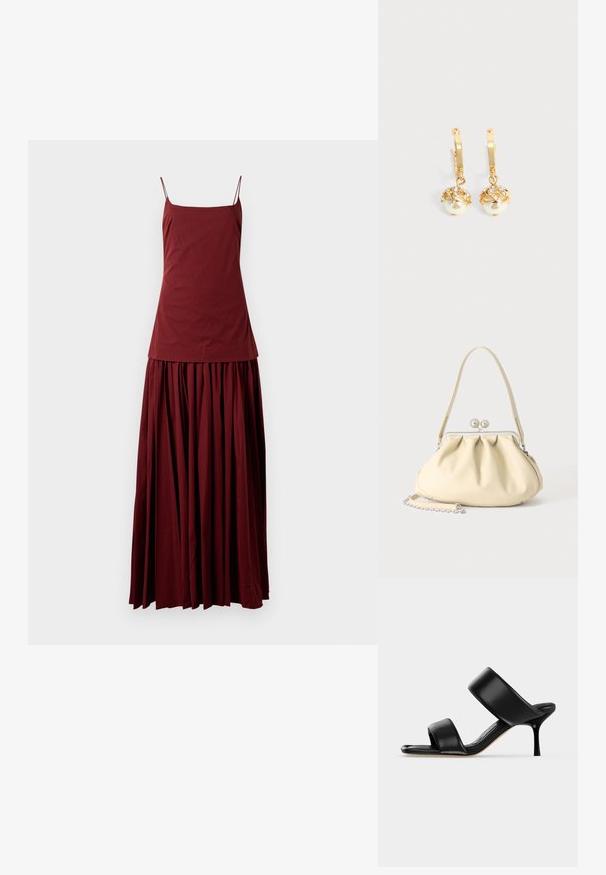 Mouwloze bordeauxrode jurk met een aansluitende top en een vloeiende, geplooide rok. Gemaakt van een lichtgewicht stof en heeft dunne spaghetti bandjes.; Zwarte leren mule sandaal met twee brede banden en een slanke, middelhoog stilettohak op een effen lichte achtergrond.; Crèmekleurige zachte leren handtas met geplooid ontwerp, zilveren frame sluiting, korte handgreep en een afneembare kettingriem.; Gouden oorringen met hangende witte parels omhuld met goud en kleine heldere kristallen op een effen lichte achtergrond.