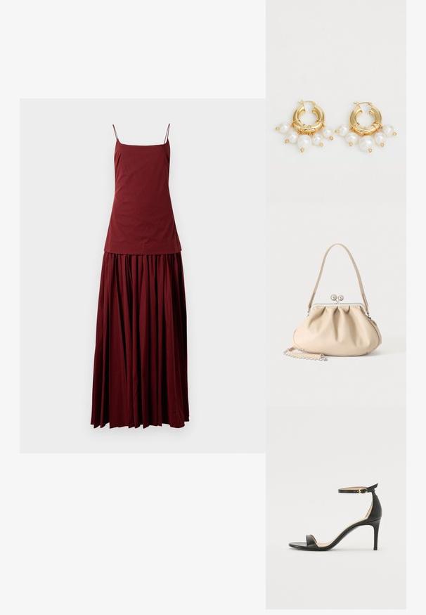 Vestido sin mangas color marrón tostado con un top ajustado y una falda fluida y plisada. Hecho de una tela ligera, cuenta con finas tirantes tipo espagueti.; Sándalo de tacón alto de piel negra con tiras en el tobillo. Presenta una textura suave, puntera abierta y un tacón delgado. Detalles de hebilla en tono dorado.; Bolso de mano de cuero suave beige con cierre de marco metálico plateado, una correa para el hombro y una correa de cadena opcional sobre un fondo blanco.; Pendientes de aro dorados con tres perlas blancas colgantes, asegurados con acentos de alambre. Acabado metálico liso con un aspecto pulido.
