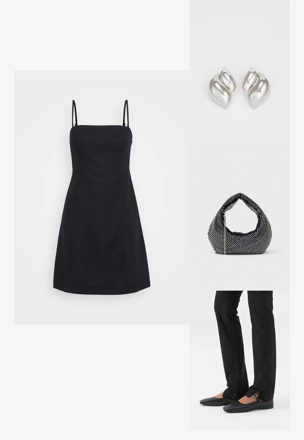 Vestido negro con tirantes finos, cuerpo ajustado y falda acampanada. Hecho de una tela suave con un diseño limpio y sencillo, sin patrones visibles.; Piernas con pantalones ajustados negros con aberturas frontales en el dobladillo, combinados con zapatos planos Mary Jane negros con una pequeña correa con hebilla.; Bolso de malla negra adornado con tachuelas plateadas, con un asa curvada y una correa de cadena. Textura suave con forma redondeada.; Pendientes de plata con una forma orgánica y abstracta. Superficie lisa y brillante con un diseño cónico. Presentan suaves curvas y un detalle de línea central.