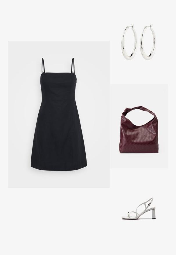 Zwarte jurk met dunne bandjes, aansluitende taille en uitlopende rok. Gemaakt van een gladde stof met een strak, eenvoudig ontwerp en zonder zichtbare patronen.; Witte sandalen met bandjes, voorzien van een platte teenband, een blokhak en een verstelbare enkelband met een metalen gesp.; Bordeauxrode tas met een gestructureerd, geweven patroon, zacht leermateriaal en een enkele, geknoopte handgreep. Ruim, hobo-stijl ontwerp.; Zilveren oorbellen in de vorm van een gladde, glanzende ring. Circulaire vorm, voorzien van een veilige sluiting. Eenvoudig en elegant ontwerp.