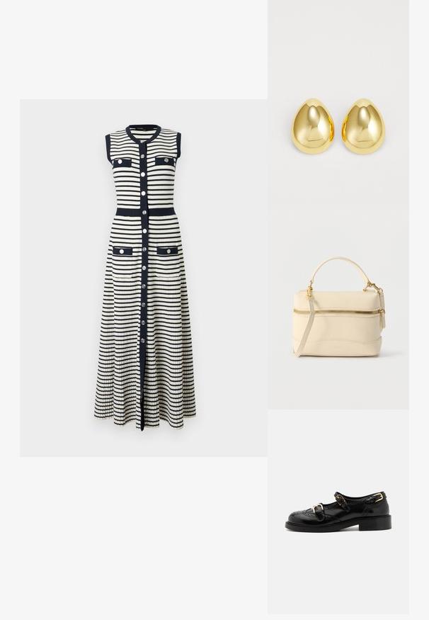 Robe en maille sans manches, longueur complète, avec des rayures horizontales noires et blanches, boutons argentés sur le devant, quatre poches à rabat et bordures noires.; Chaussures en cuir noir avec détails de brogue, dotées de deux sangles à boucle, d'un bout arrondi et d'un talon bas. Texture lisse avec finition brillante.; Petit sac à main en cuir crème avec poignée supérieure, bandoulière amovible et fermeture éclair dorée sur le devant.; Boucles d'oreilles clous de couleur or avec une surface lisse et polie, en forme de goutte d'eau, réfléchissant la lumière pour un fini éclatant.