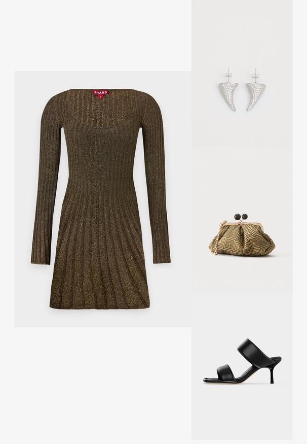 Vestido de punto con mangas largas, que presenta una textura acanalada en marrón con un sutil brillo, un escote cuadrado y una silueta acampanada.; Sandalia mule de cuero negro con dos tiras anchas y un tacón de aguja delgado de altura media sobre un fondo claro y sencillo.; Pequeño bolso de mano con patrón geométrico en dorado y negro, marco metálico dorado, cierre de bola negro y una corta correa de cadena dorada.; Pendientes en forma de cuerno plateado, engastados con pequeñas piedras transparentes, que cuentan con un cierre trasero para su sujeción. Textura suave y acabado metálico.