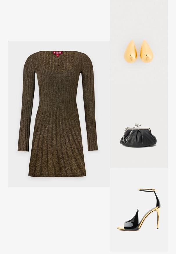 Strikket kjole med lange ærmer, der har en ribbet tekstur i brun med subtil glitter, en firkantet udskæring og en flagrende silhuet.; Sort laklæder høje hælsandal med gyldent stiletthæl, gyldent ankremed spænde og åben tå-design.; Sort læder clutch med samlet tekstur, sølvfarvet metalramme, kys-lås lukning og kædestrop. Glat, blød overflade.; Guld dråbeøreringe med en glat, poleret overflade og afrundede bunde, der reflekterer lyset med en skinnende finish.