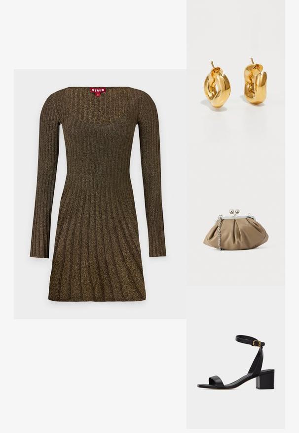Vestido de punto con mangas largas, que presenta una textura acanalada en marrón con un sutil brillo, un escote cuadrado y una silueta acampanada.; Sandalia negra de punta abierta con tacón ancho y correa en el tobillo con una pequeña hebilla dorada, vista de perfil sobre un fondo liso.; Clutch de cuero en beige suave con forma redondeada, textura plisada, cierre de broche plateado y una correa de cadena desmontable.; Pendientes de aro grueso en oro con un diseño tubular ligeramente retorcido y cierre de presión, sobre un fondo blanco.