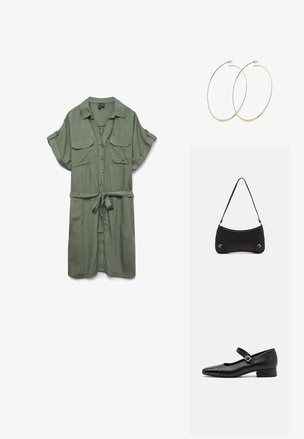 Šaty košeľového strihu s krátkymi rukávmi v olivovej zelenej farbe, so zapínaním na gombíky vpredu, náprsnými vreckami s klopami, vyhrnutými rukávmi so zapínaním na gombíky a opaskom na viazanie v páse.; Čierne kožené topánky Mary Jane s lakovanou špičkou, nastaviteľným remienkom okolo členku a nízkym blokovým podpätkom. Hladká textúra a elegantný dizajn.; Call it Spring KOURTNEY - Kabelka - black; Pilgrim Náušnice - gold-coloured