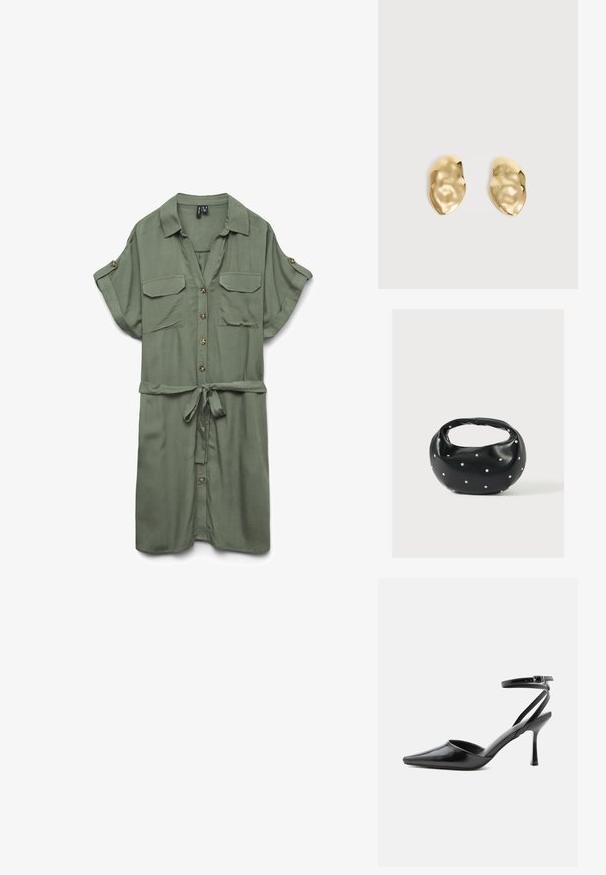 Lyhythihainen oliivinvihreä paitamekko, jossa on etunappilista, rintataskut läpällä, käärittyihin hihoihin napit ja vyötärönauhavyö.; Mustat teräväkärkiset korkokengät, joissa ohuet nilkkaremmit ja hopeinen solki, yksinkertaisella vaalealla taustalla.; Musta nahkainen käsilaukku, jossa on pyöreä muoto, koristeltu hopeisilla niittikoristeilla ja lyhyt kahva. Sileä pinta ja vetoketjullinen suljenta.; Pari kiiltäviä, epäsäännöllisen muotoisia kultaisia metallikorvakoruja, joissa on ryppyinen, sileä pinta yksinkertaisella vaalealla taustalla.