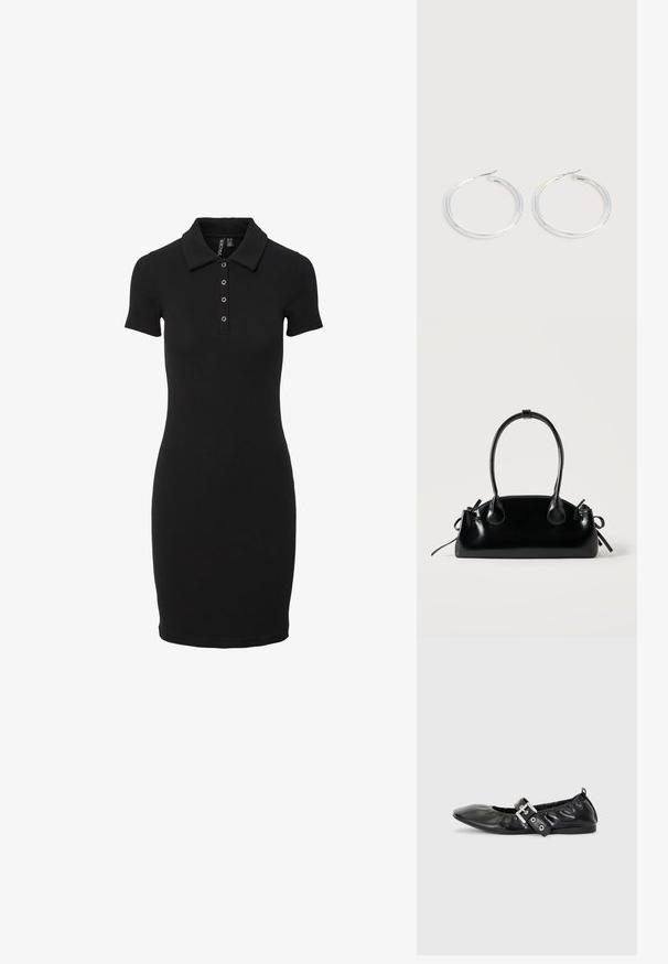 Schwarzes, geripptes Polokleid mit schlanker Passform, kurzen Ärmeln und einem Kragen mit drei Knöpfen auf der Knopfleiste. Durchgehend glatte Textur.; Schwarze Leder-Ballerinas mit spitzem Zehenbereich, gerafften Details am Schaft und einem silbernen Schnallenakzent am verstellbaren Riemen.; Kleine schwarze glänzende Handtasche mit zwei langen Griffen und seitlichen Kordelzug-Details vor einfachem hellem Hintergrund.; Paar glänzende silberne Creolen mit dünnen Drahtverschlüssen, dargestellt vor einem hellgrauen Hintergrund.