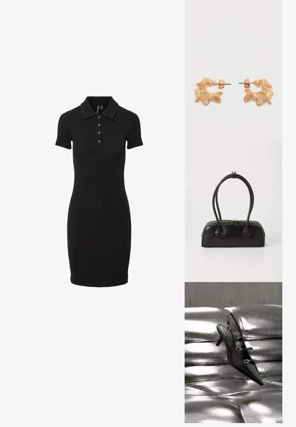 Schwarzes, geripptes Polokleid mit schlanker Passform, kurzen Ärmeln und einem Kragen mit drei Knöpfen auf der Knopfleiste. Durchgehend glatte Textur.; Schwarzer Slingback-Pumps mit spitzer Zehenpartie und zwei goldfarbenen Schnallenriemen, die auf einer glänzenden silbernen gepolsterten Oberfläche ruhen.; Schwarze Lederhandtasche mit zwei verlängerten Griffen, Reißverschluss und runder Form; glatte Textur mit subtiler glänzender Oberfläche.; Ohrstecker in Goldoptik mit abstrakter, organischer Form, die eine strukturierte Oberfläche und einen Steckverschluss aufweisen.