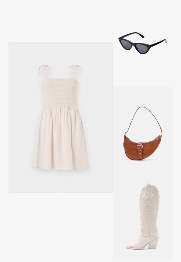 Vestido sin mangas de color beige con corsé fruncido, tirantes ajustables y falda acampanada. Hecho de una tela ligera y texturizada.; Bota vaquera de cuero blanco con punta afilada y tacón bloqueado. Presenta patrones de costura intrincados en el caña y una textura suave.; Gafas de sol negras en forma de ojo de gato con lentes gris oscuro, marco de plástico elegante, esquinas puntiagudas y patillas rectas. Sin herrajes ni acentos visibles.; Vero Moda VMKYRA SHOULDER BAG - Bolso de mano - cognac