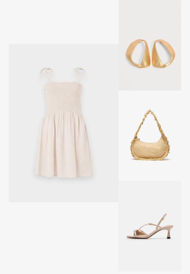 Beige, mouwloze jurk met gerimpelde buste, verstelbare schouderbanden en uitlopende rok. Gemaakt van lichte, gestructureerde stof.; Call it Spring DIANAH - Sandalen - other beige; Geverfde beige tas met een ronde vorm, rafelige rand langs de randen en een korte schouderband. Ritsopening aan de bovenkant.; Een paar onregelmatige, asymmetrische gouden oorringen met een gladde, matte afwerking op een neutrale achtergrond.