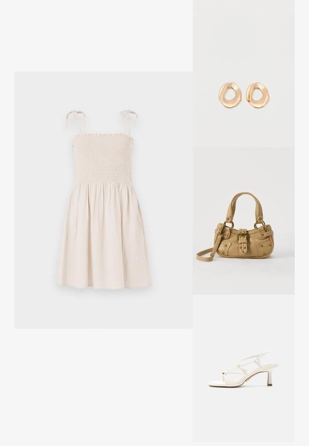 Vestido sin mangas de color beige con corsé fruncido, tirantes ajustables y falda acampanada. Hecho de una tela ligera y texturizada.; Sandalia blanca con tiras, tacón bloque de altura media y pequeño detalle de hebilla dorada en la tira frontal.; Bolso de cuero beige con doble asa, hebilla y remaches de latón, y una correa de hombro ajustable sobre un fondo blanco.; Par de pendientes de aro de metal en tono dorado pulido, de forma irregular y con centro abierto, sobre un fondo blanco liso.