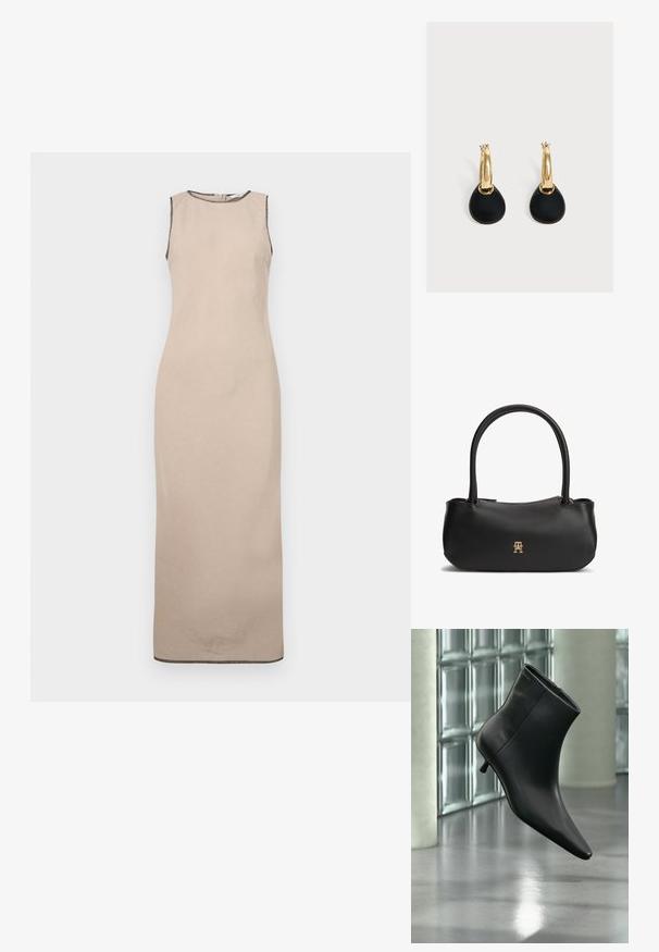 Robe maxi sans manches beige avec une texture lisse, présentant un décolleté rond et une discrète bordure noire le long des bords.; Bottine en cuir noir à bout pointu et petit talon kitten, présentée en angle devant un sol poli et un mur en blocs de verre.; Sac à main en cuir noir avec doubles poignées arrondies, fermeture éclair dorée et petit logo entrelacé doré au centre avant.; Boucles d'oreilles créoles en or avec des pendentifs lisses, ronds et noirs en forme de goutte suspendus à chaque créole sur un fond blanc uni.