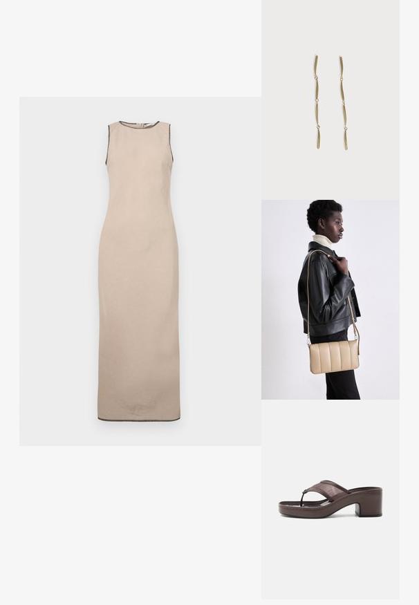 Beige mouwloze maxi-jurk met een zachte textuur, voorzien van een ronde halslijn en subtiele zwarte afwerking langs de randen.; Bruine sandaal met hak, voorzien van een mesh bandje en teenslipperontwerp, met blokhak en gestikte zool, zijaanzicht op witte achtergrond.; Beige leren crossbody tas met een gequilt ontwerp, rechthoekige vorm, dunne schouderband en zilverkleurige hardware, gedragen door een persoon in een zwarte jas.; Lange gouden oorbellen bestaande uit vier verlengde gekoppelde gebogen staven op een witte achtergrond.