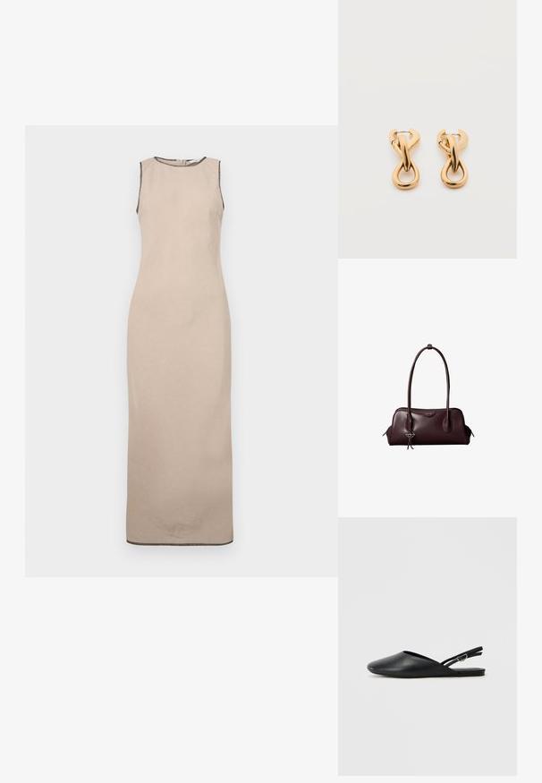 Beige ärmelloses Maxikleid mit glatter Textur, runder Halslinie und dezenter schwarzer Borte entlang der Kanten.; Schwarze Leder-Slingback-Schuhe mit spitzem Zehenbereich, geschwungenem Design und verstellbarem Schnallenriemen. Glatte Textur, flache Sohle, minimale Details.; Dunkelbraune Lederhandtasche von Calvin Klein mit langen doppelten Griffen und einem kleinen Logoanhänger, der an einem Griff hängt.; Paar glänzende goldfarbene Creolen mit verschlungenem, verdrehtem Design auf schlichten weißem Hintergrund.