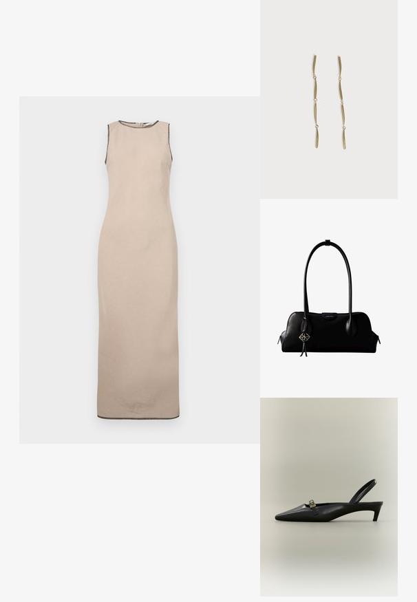 Beige mouwloze maxi-jurk met een zachte textuur, voorzien van een ronde halslijn en subtiele zwarte afwerking langs de randen.; Zwarte lederen slingback kitten heel met puntige neus en klein gouden gespsluiting op een effen achtergrond.; Zwarte leren Calvin Klein handtas met lange hengsels, een logo-label aan de voorkant en een zilverkleurige geometrische hanger die aan één hengsel hangt.; Lange gouden oorbellen bestaande uit vier verlengde gekoppelde gebogen staven op een witte achtergrond.
