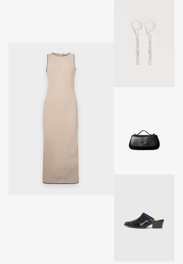 Beige mouwloze maxi-jurk met een zachte textuur, voorzien van een ronde halslijn en subtiele zwarte afwerking langs de randen.; Zwarte gepatineerde leren muiltjes met een puntige neus, een gebogen ontwerp en een lage blokhak met decoratieve stiksels langs de bovenkant.; Zwarte leren handtas met een klein handvat, goudkleurig "cK"-logo op de voorflap en gouden hardware-accenten.; Zilveren hangende oorbellen met rechthoekige en ronde heldere kristallen in een verticale lijn, bevestigd met leverback-sluitingen.