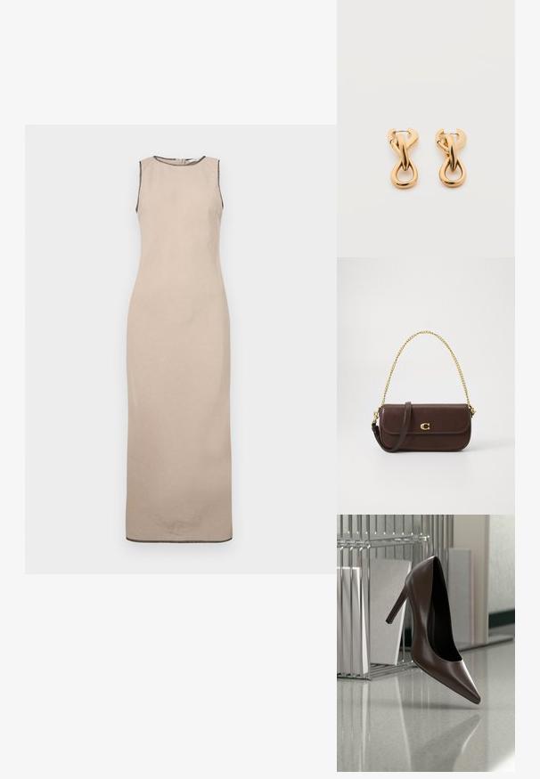 Robe maxi sans manches beige avec une texture lisse, présentant un décolleté rond et une discrète bordure noire le long des bords.; Chaussure en cuir marron foncé à talon haut flottant au-dessus d'un sol réfléchissant près d'une étagère métallique avec des panneaux blancs dans une pièce.; Sac à épaule en cuir brun foncé avec une bandoulière en chaîne dorée, logo "C" doré sur le rabat avant et une bandoulière supplémentaire en cuir brun foncé.; Paire de boucles d'oreilles créoles en bouclettes dorées brillantes sur fond blanc uni, présentant un design torsadé entrelacé.