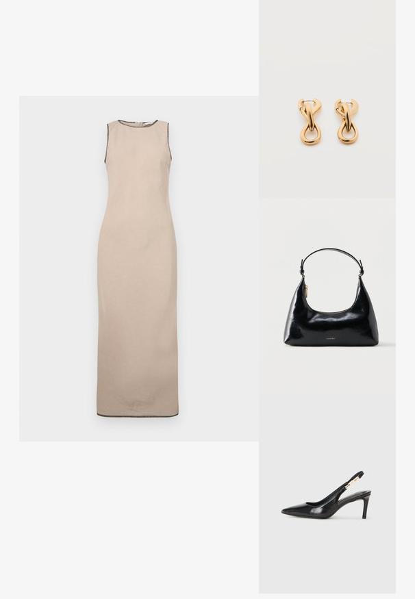 Beige ærmeløs maxikjole med en glat tekstur, der har en rund halsudskæring og subtil sort kant langs kanterne.; Sort læder slingback højhælede sko med spidse tæer, glat overflade og en smal ankelrem med guldfarvede hardware detaljer.; Sort blank Calvin Klein håndtaske med gyldent lynlås og kort rem mod en ensfarvet hvid baggrund.; Par af skinnende guldfarvede hoop-øreringe med snoet, flettet design på en enkel hvid baggrund.