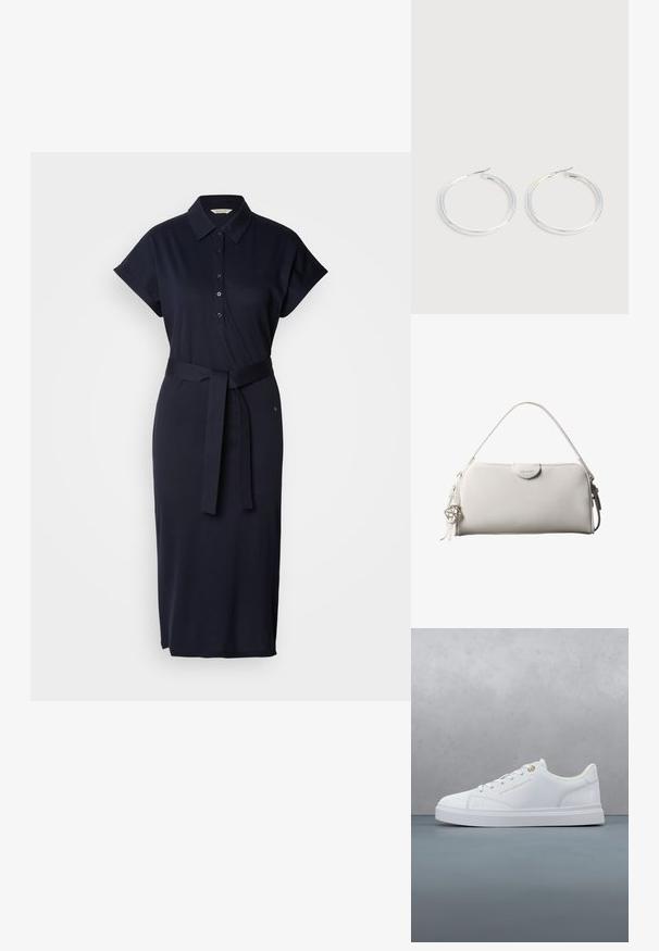 Marineblauwe polokleed gemaakt van een katoenmix, met korte mouwen, een kraag, knopen aan de voorkant en een bijpassende riem op de taille.; Witte lage sneaker met veters, gouden oogje en merkopdruk, zwevend boven een houten tegelvloer met een achtergrond van buitenplanten.; Witte rechthoekige Calvin Klein handtas met enkele handgreep, minimalistisch ontwerp en decoratieve kwastjes met geometrische metalen hanger aan de zijkant.; Een paar glanzende zilveren oorringen met dunne draadafsluitingen, getoond op een lichtgrijze achtergrond.