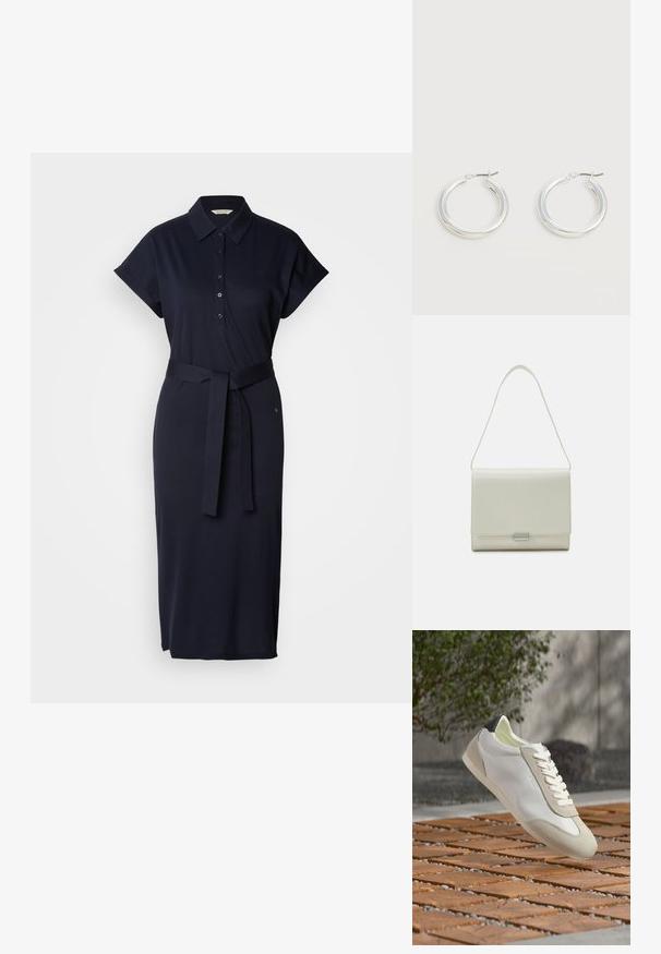 Marineblauwe polokleed gemaakt van een katoenmix, met korte mouwen, een kraag, knopen aan de voorkant en een bijpassende riem op de taille.; Witte en beige casual sneaker met zwarte hieldetail, witte veters en "BOSS"-branding, zwevend boven houten blokstraat buiten.; Calvin Klein ARCHIVE SHOULDER BAG SHINY - Handtas - ecru; Een paar middelgrote glanzende zilveren oorringen met dunne metalen sluitingen op een lichte neutrale achtergrond.