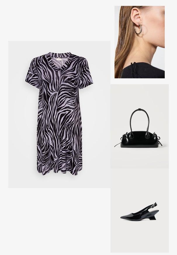 Lühikeste varrukatega musta ja heledat lillat zebra mustriga kleit, millel on V-kaelus ja voolav siluett pehme ja siledana kangas.; Mustast lakknahast slingback king, millel on terav nina ja madal kalle plokktald, ühtlase heleda taustaga.; Väike must läikiv käekott kahe pika sangaga ja külgedel paelakinnitustega, ühel lihtsal helel taustal.; Hõbedane rõngas kõrvarõngas poleeritud viimistlusega, millel on väikesed kuldsed aktsendid ja ümmargune kuju, kantud lobus.