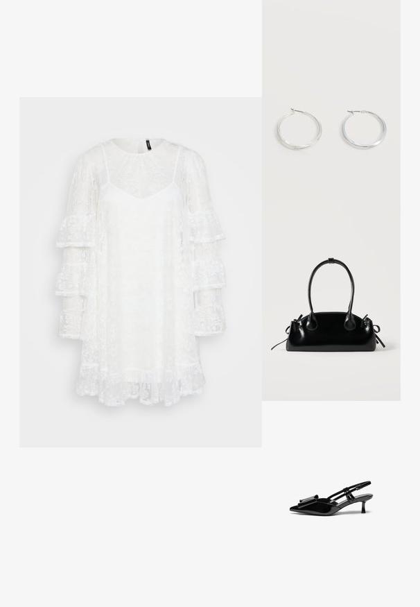 Robe en dentelle blanche avec un col rond, une doublure en forme de V et des manches longues à volants superposés. Tissu transparent avec des motifs floraux tout au long.; Talons aiguilles en cuir verni noir avec un bout pointu, un détail en nœud à l'avant et un petit talon stiletto. Les brides sont équipées de boucles ajustables.; Petit sac à main noir brillant avec deux longues anses et des détails à cordon sur les côtés sur un fond clair uni.; Boucles d’oreilles créoles en métal argenté avec une surface lisse légèrement incurvée et des fermoirs à clapet sur un fond blanc uni.