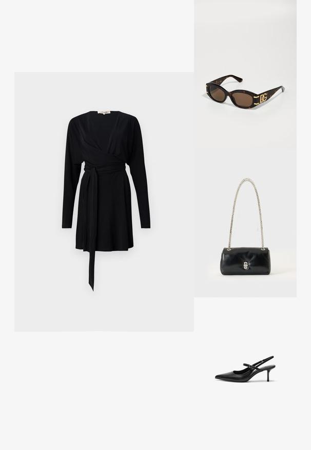 Sort omslagskjole med lange ærmer, V-udskæring, bælteanordning i taljen, glat stof og en svævende kant.; Sorte læder slingback hæle med spids tå, slank justerbar rem og en stiletto hæl på cirka 5 cm, glat tekstur.; Skildpaddedesolbriller med brune linser, oval form, tykk ramme og guld accenter, der har et fremtrædende logo på siden.; Sort læderhåndtaske med sølvfarvet kædestrop og sølvfarvet spænde, vist mod en ensfarvet lys baggrund.