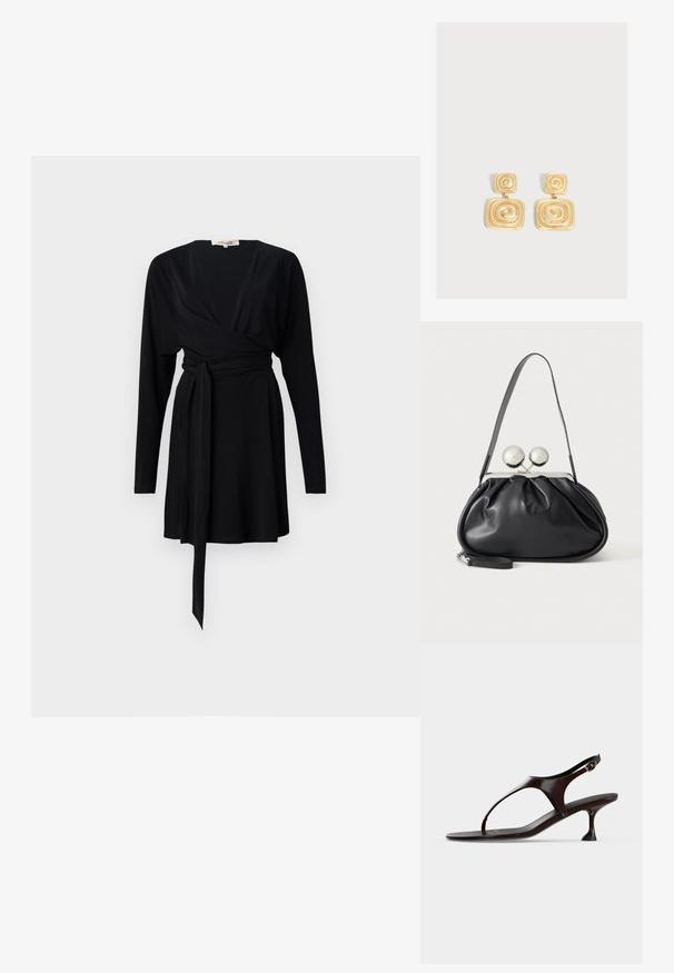 Schwarzes Wickelkleid mit langen Ärmeln, V-Ausschnitt, Gürtelschlaufen in der Taille, glatter Stoff und einem fließenden Saum.; Dunkelbraune Lackleder-Slingback-Sandale mit kittenabsatz und Zehensteg auf weißem Hintergrund.; Schwarze Ledertasche mit gerafftem Design, einem einzelnen Riemen, silbernem Metallrahmen und zwei großen runden silbernen Verschlüssen.; Ohrhänger in Goldton mit zwei verbundenen quadratischen Formen, die jeweils ein erhabenes Spiralmuster aufweisen.
