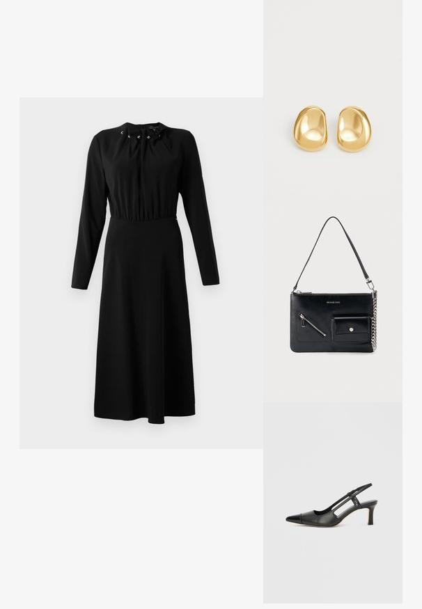 Schwarzes langärmliges Kleid mit gerafftem Ausschnitt, mittigen Knöpfen und einem ausgestellten Rock. Hergestellt aus glattem Stoff, knielanges Design.; Schwarzer Slingback-Schuh aus Leder mit spitz zulaufender Zehenpartie, versehen mit glänzendem Akzent auf der Vorderkappe und mittelhohem Absatz. Offenes Seitendesign.; Schwarze Michael Kors Leder-Umhängetasche mit oberem Reißverschluss, diagonalem Reißverschlussfach vorne, Klappentasche mit Druckknopf und silbernem Kettendetail.; Goldfarbene Ohrstecker mit einer glatten, runden Form und einer reflektierenden Oberfläche, die ein minimalistisches Design ohne sichtbare Muster zeigen.