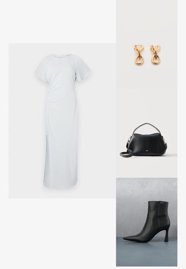 Vestido de azul claro, hasta la rodilla, con escote redondo, mangas cortas y acampanadas, fruncido en los laterales y una sutil abertura en el dobladillo, hecho de una tela suave.; Botín de cuero negro con punta afilada y un tacón geométrico. Presenta un sutil branding y una textura suave. El fondo tiene baldosas con textura.; Bolso de mano de cuero negro con asas cortas y largas, herrajes dorados y logo "BOSS" centrado en la parte frontal.; Par de pendientes de aro con acabado dorado brillante sobre fondo blanco liso, con diseño entrelazado y torsionado.