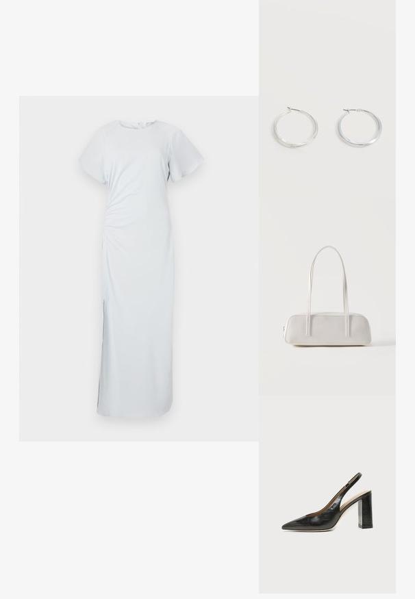 Lichtblauwe jurk tot de knie met een ronde halslijn, korte fluttermouwen, zijrimpeling en een subtiele split aan de zoom, gemaakt van een gladde stof.; Zwarte leren slingback schoen met spits toelopend neusje, hoge blokhak en beige binnenvoering tegen een effen lichte achtergrond.; Witte rechthoekige schoudertas met lange dunne bandjes, minimale stiksels en ritssluiting op een effen achtergrond.; Zilverkleurige metalen creolen oorbellen met een glad, licht gebogen oppervlak en sluitingen met haaksluiting op een effen witte achtergrond.
