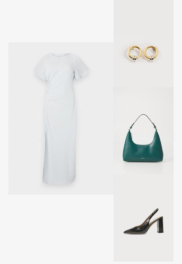 Vestido de azul claro, hasta la rodilla, con escote redondo, mangas cortas y acampanadas, fruncido en los laterales y una sutil abertura en el dobladillo, hecho de una tela suave.; Zapato slingback de piel negra con puntera puntiaguda, tacón alto y ancho, y forro interior beige sobre un fondo claro y liso.; Bolso de mano en color teal con forma curva y una correa para el hombro, presentando un sutil logo de Calvin Klein en la parte frontal sobre un fondo blanco liso.; Pendientes circulares de oro con dos pequeños anillos de plata en cada uno, que muestran detalles sutiles del nombre de la marca grabado, colocados sobre un fondo blanco.