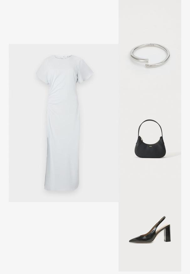 Vestido de azul claro, hasta la rodilla, con escote redondo, mangas cortas y acampanadas, fruncido en los laterales y una sutil abertura en el dobladillo, hecho de una tela suave.; Zapato slingback de piel negra con puntera puntiaguda, tacón alto y ancho, y forro interior beige sobre un fondo claro y liso.; Bolso de cuero negro para el hombro con forma curva, cremallera dorada y pequeño logotipo dorado en el frente, aislado sobre fondo claro.; Calvin Klein SPIRAL - Pulsera - silver-coloured