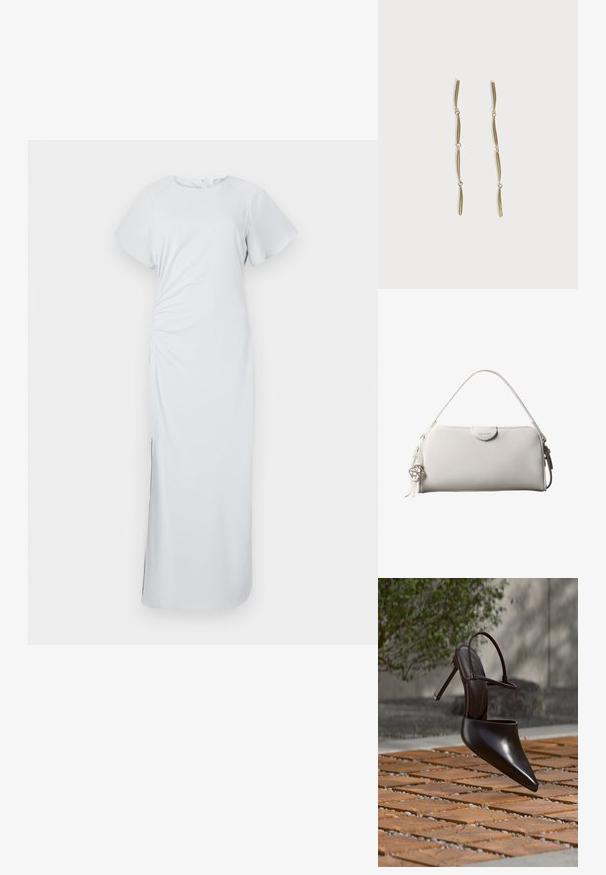 Vestido de azul claro, hasta la rodilla, con escote redondo, mangas cortas y acampanadas, fruncido en los laterales y una sutil abertura en el dobladillo, hecho de una tela suave.; Zueco negro brillante de tacón alto con puntera puntiaguda y correa en el tobillo, suspendido sobre una superficie de baldosas de terracota con espacios de grava.; Bolso rectangular blanco de Calvin Klein con un solo asa, diseño minimalista y borlas decorativas con un charm metálico geométrico en el lateral.; Pendientes largos de oro compuestos por cuatro barras curvadas enlazadas y alargadas sobre un fondo blanco.