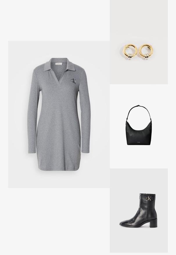Hall värviline pikkade varrukatega polo kleit, mis on valmistatud pehmest materjalist, V-kaelusega ja väikese broderinguga logo vasakul rinnal.; Must musta ankle boot terava nina, plokke konts ja rihm, millel on metalliline logo detail. Sile tekstuur ja minimaalne disain.; Mustast tekstureeritud nahast õlakott ühe rihmaga ja väike Calvin Kleini logo esiküljel keskel.; Kuldsetest ümmargustest kõrvarõngastest, millel on kaks väikesest hõbedast rõngast, näidates õrnu graveeritud brändi nime detaile, valgel taustal.