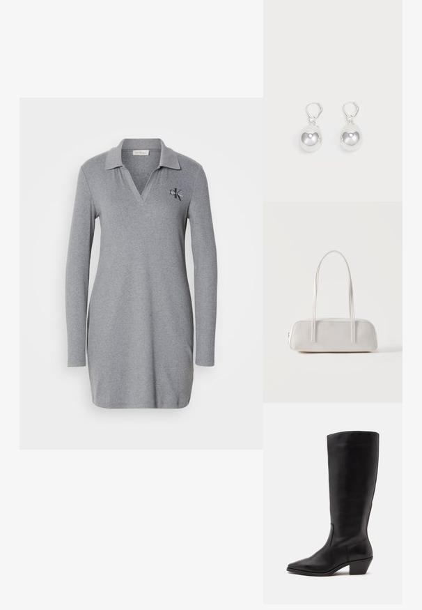 Grijze lange mouw polo jurk gemaakt van zacht materiaal, met een V-halskraag en een klein geborduurd logo op de linkerkant van de borst.; Zwarte leren laars tot half op de kuit met een puntige neus en een lage schuine hak op een effen lichte achtergrond.; Witte rechthoekige schoudertas met lange dunne bandjes, minimale stiksels en ritssluiting op een effen achtergrond.; Zilveren druppeloorbellen met gladde, ronde, reflecterende oppervlakken die hangen aan klapring-sluitingen. Achtergrond is puur wit.