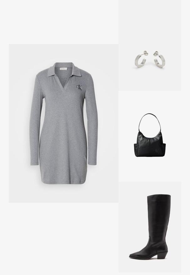 Hall värviline pikkade varrukatega polo kleit, mis on valmistatud pehmest materjalist, V-kaelusega ja väikese broderinguga logo vasakul rinnal.; Must nahktõmmiku keskmise säärega saabas, millel on terav nina ja madal kaldu konts heledal ühevärvilisel taustal.; Mustast nahast õlakott ühe rihmaga, küljetaskudega ja peene reljeefse Calvin Kleini logoga ühe alumise paremal eespool.; Hõbedased metallist rõngakõrvarõngad tekstureeritud kujundusega, millel on väike kinnituskate ja bränding ühel rõngal. Ümar kuju ja poleeritud viimistlus.