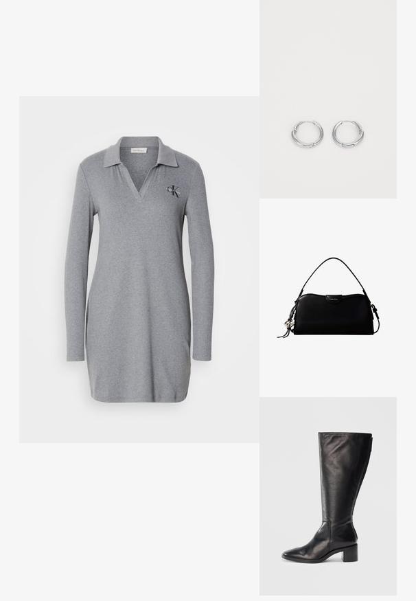 Vestido polo de manga larga gris, hecho de un material suave, con cuello en V y un pequeño logo bordado en el lado izquierdo del pecho.; Bota de cuero negra hasta la rodilla con punta cuadrada, tacón cuadrado y diseño elegante. Textura suave con cremallera lateral para facilitar su uso.; Bolso rectangular negro de Calvin Klein con una única correa superior, dije con el logo plateado y un pequeño cierre de solapa en la parte frontal.; Aros de plata en forma de aro con un acabado suave y pulido. Forma circular con un pequeño detalle de broche para el cierre. Diseño minimalista, livianos.
