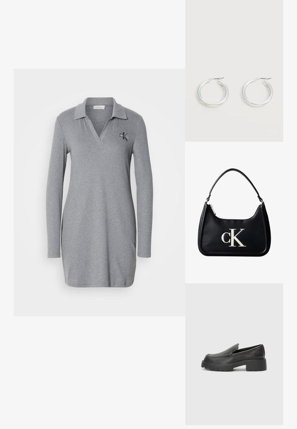 Vestido polo de manga larga gris, hecho de un material suave, con cuello en V y un pequeño logo bordado en el lado izquierdo del pecho.; Mocasines de piel negra con punta redondeada, suela texturizada gruesa y mínimos detalles de costura. Diseño elegante sin cordones o herrajes visibles.; Bolso de hombro de cuero negro con cremallera plateada y logo "cK" blanco centrado en el frente.; Par de pendientes de aro plateados brillantes de tamaño mediano con cierres metálicos finos sobre un fondo neutro claro.