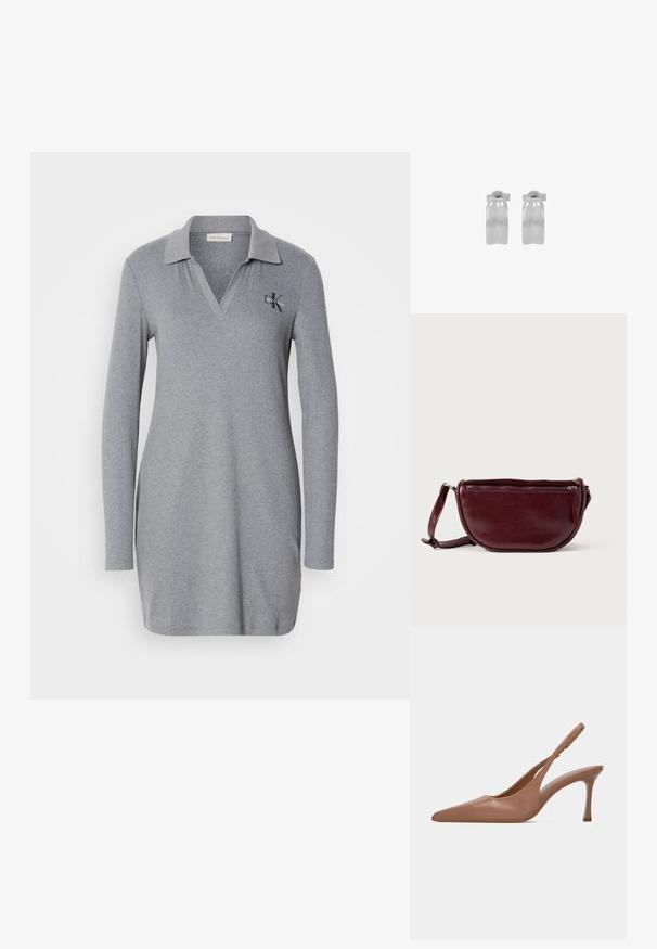 Graues langärmliges Polokleid aus weichem Material mit einem V-Ausschnitt und einem kleinen gestickten Logo auf der linken Brust.; Glänzender brauner Slingback-Pumps mit spitzem Zehenbereich und mittelhohem Stilettostockel auf einem schlichten weißen Hintergrund.; Dunkelroter Lederhandtasche in halbmondförmiger Form mit Reißverschluss und abnehmbarem Tragegurt. Glatte Textur mit dezentem Glanz.; Paar polierte silberne Creolen mit glatter, leicht gebogener Oberfläche und Schmetterlingsverschluss, auf weißem Hintergrund dargestellt.