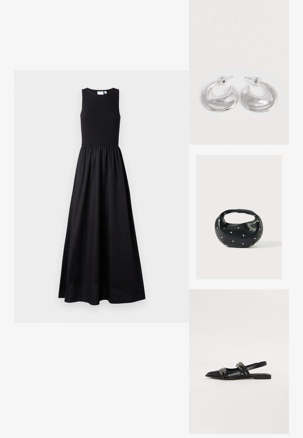 Schwarzes ärmelloses Maxikleid mit tailliertem Oberteil und gerafftem Rock, aus einem glatten Stoff mit leichtem Glanz. Etikett sichtbar am Ausschnitt.; Even&Odd Sling-Ballerina - black; Schwarze Lederhandtasche mit abgerundeter Form, verziert mit silbernen Nietenakzenten und kurzem Griff. Glatte Struktur und Reißverschlussverschluss.; Ein Paar polierte silberne, halbmondförmige Creolen mit klaren Kunststoffrückseiten auf einer weißen Oberfläche.