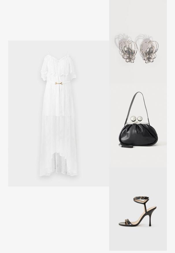 Robe blanche en dentelle épaules dénudées avec des volants, une ceinture à boucle dorée et un ourlet asymétrique.; Sandale à talons hauts en cuir verni noir avec une fine bride de cheville et une boucle, orteil ouvert et talon aiguille mince sur fond blanc.; Sac à main en cuir noir avec un design plissé, une sangle unique, un cadre métallique argenté et deux grandes fermoirs ronds en argent.; Paire de boucles d'oreilles en métal argenté avec un design en cage à fil ouvert et des formes ovales centrales lisses projetant des ombres courbes sur un fond blanc.
