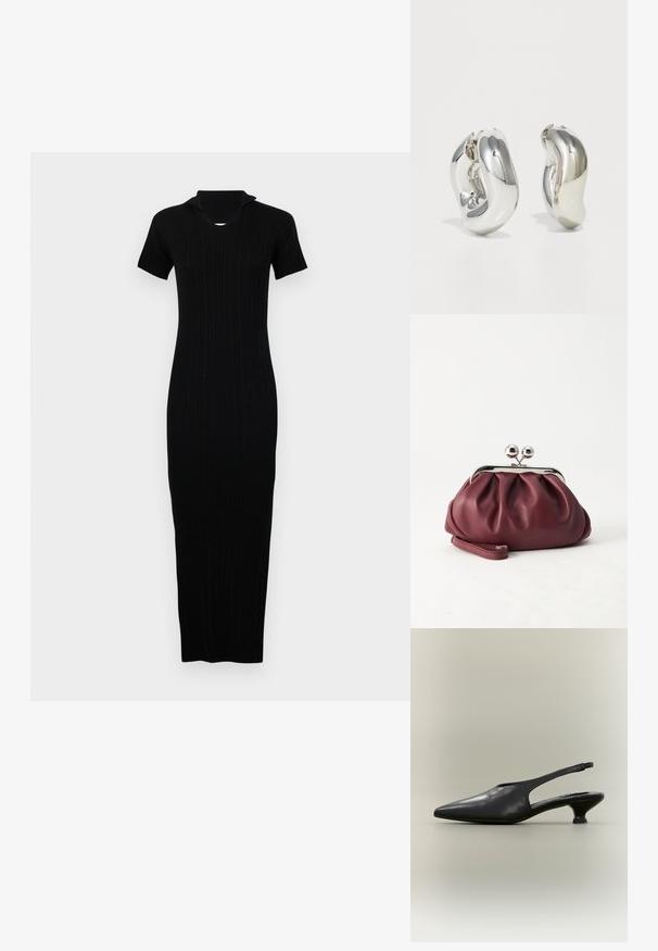 Sort ribbet strikket kjole med en tætsiddende silhuet, korte ærmer og en subtil krave. Lange længde med tekstureret stofdetaljer.; Sort læder slingback-sko med spids tå og lav kittenhæl på neutral baggrund.; Lille bordeauxlæder clutch-pung med sølv metal lukning og håndledsrem på hvid baggrund.; Sølvskulpturelle øreringe med glatte, buede former og reflekterende overflader. Har et lukket hoop-design og en markant organisk form.
