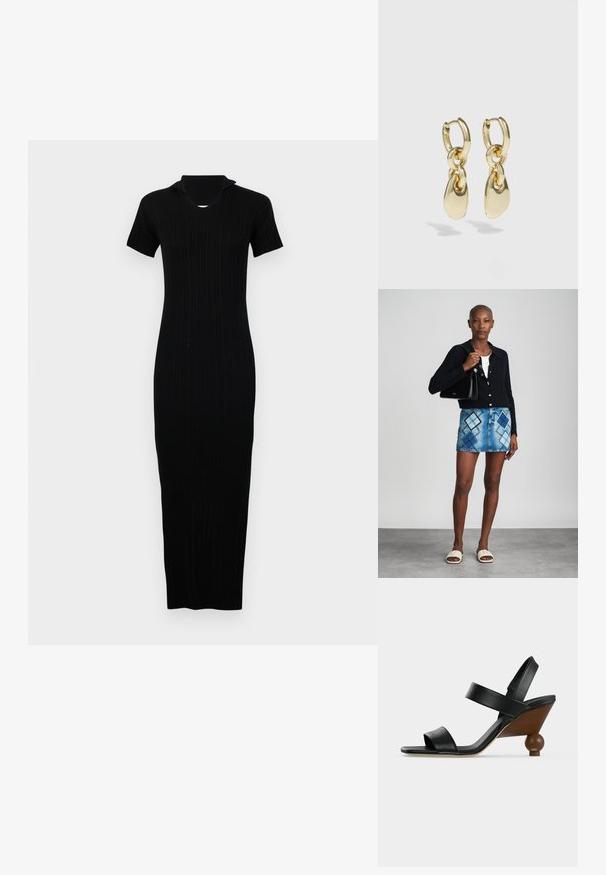 Schwarzes, geripptes Strickkleid mit taillierter Silhouette, kurzen Ärmeln und einem dezenten Kragen. Langer Schnitt mit strukturierten Stoffdetails.; Schwarze Leder-Sandale mit offenem Zehenbereich, zwei Riemen und einem Holzkeilabsatz mit rundem kugelförmigem Sockel.; Schwarze Strickjacke, weißes Oberteil, Jeansrock mit blauem und schwarzem Diamantenmuster, schwarze Handtasche und beige Rutschsandalen.; Goldene Creolenohrringe mit einem verknüpften Design und glatten, tropfenförmigen Akzenten. Der reflektierende Finish erhöht die visuelle Anziehungskraft.