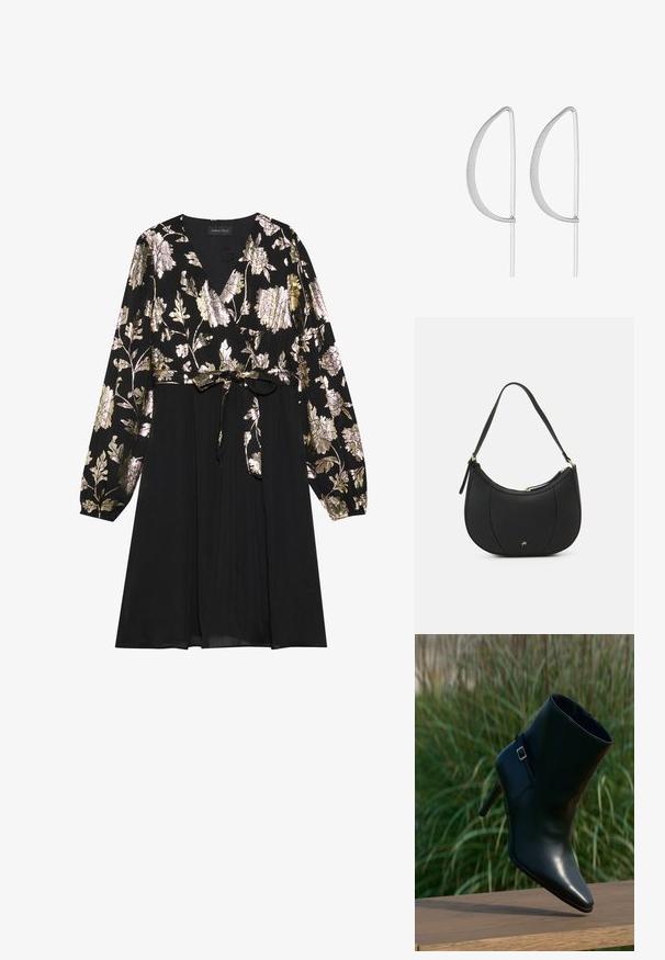 Schwarzes Kleid mit langen Ärmeln, das mit goldener und silberner floralem Stickerei auf der Oberseite verziert ist. Mit einem glatten Stoffrock, der an der Taille gebunden ist.; Schwarzer Leder-Stiefel mit spitz zulaufender Kappe, gestapeltem Absatz, schimmernder Textur und einem dekorativen Riemen mit silberner Schnalle.; Schwarze Lederhandtasche mit geschwungenem Design, strukturiertem Material, vorderen Nähten und einem Logo in Goldtönen. Verfügt über einen einzelnen verstellbaren Tragegurt.; Silberne Ohrringe aus Metall mit einem minimalistischen geschwungenen Design, das verlängerte, offene Tropfenformen mit einer matten Oberfläche aufweist.