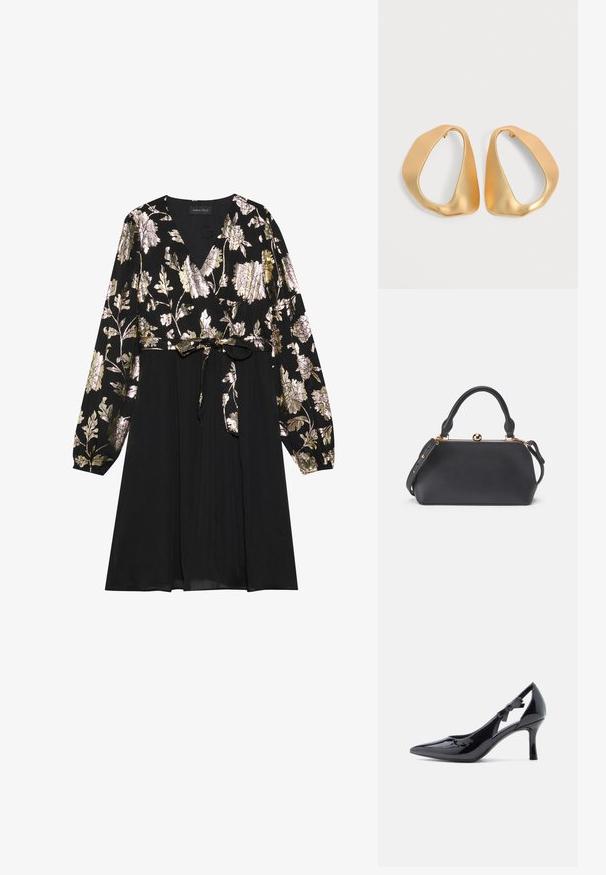 Schwarzes Kleid mit langen Ärmeln, das mit goldener und silberner floralem Stickerei auf der Oberseite verziert ist. Mit einem glatten Stoffrock, der an der Taille gebunden ist.; Schwarzer Lackleder-Pumps mit hohem Absatz, spitzer Zehenpartie, Knöchelriemen mit Schleife verziert und schlankem Stiletto-Absatz.; Schwarze Lederhandtasche mit abgerundetem Deckel, kurzen Griff und abnehmbarem Schulterriemen. Verfügt über einen metallischen Verschluss und eine glatte Textur.; Paar unregelmäßiger, asymmetrischer goldener Creolen mit glatter, matter Oberfläche vor neutralem Hintergrund.
