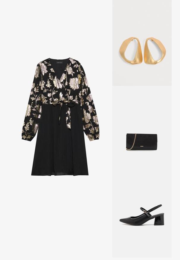 Schwarzes Kleid mit langen Ärmeln, das mit goldener und silberner floralem Stickerei auf der Oberseite verziert ist. Mit einem glatten Stoffrock, der an der Taille gebunden ist.; Schwarze Lackleder-Slingback-Absätze mit spitzer Zehenform, einem runden Ausschnitt-Design und einem Blockabsatz. Mit einem goldfarbenen Schnallenakzent.; Schwarze Clutch aus Wildleder mit strukturierter Oberfläche, ausgestattet mit einem goldenen Kettenriemen und einem eleganten, kantigen Design.; Paar unregelmäßiger, asymmetrischer goldener Creolen mit glatter, matter Oberfläche vor neutralem Hintergrund.